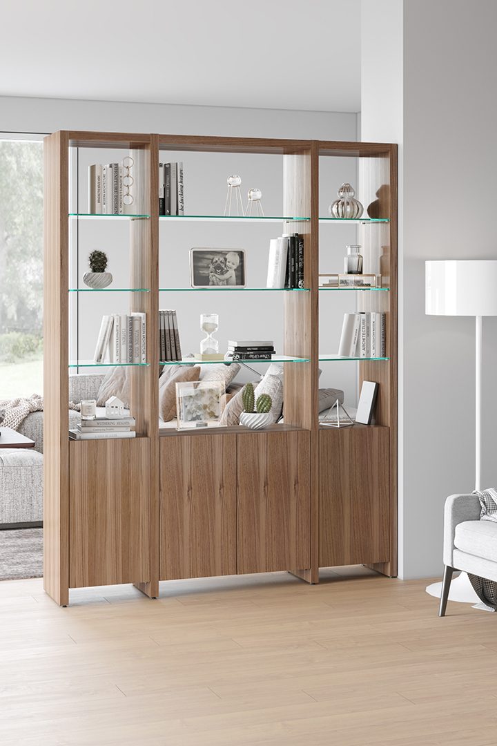 Bibliothèque étroite extensible BDI Linea 5801 avec tablettes en verre