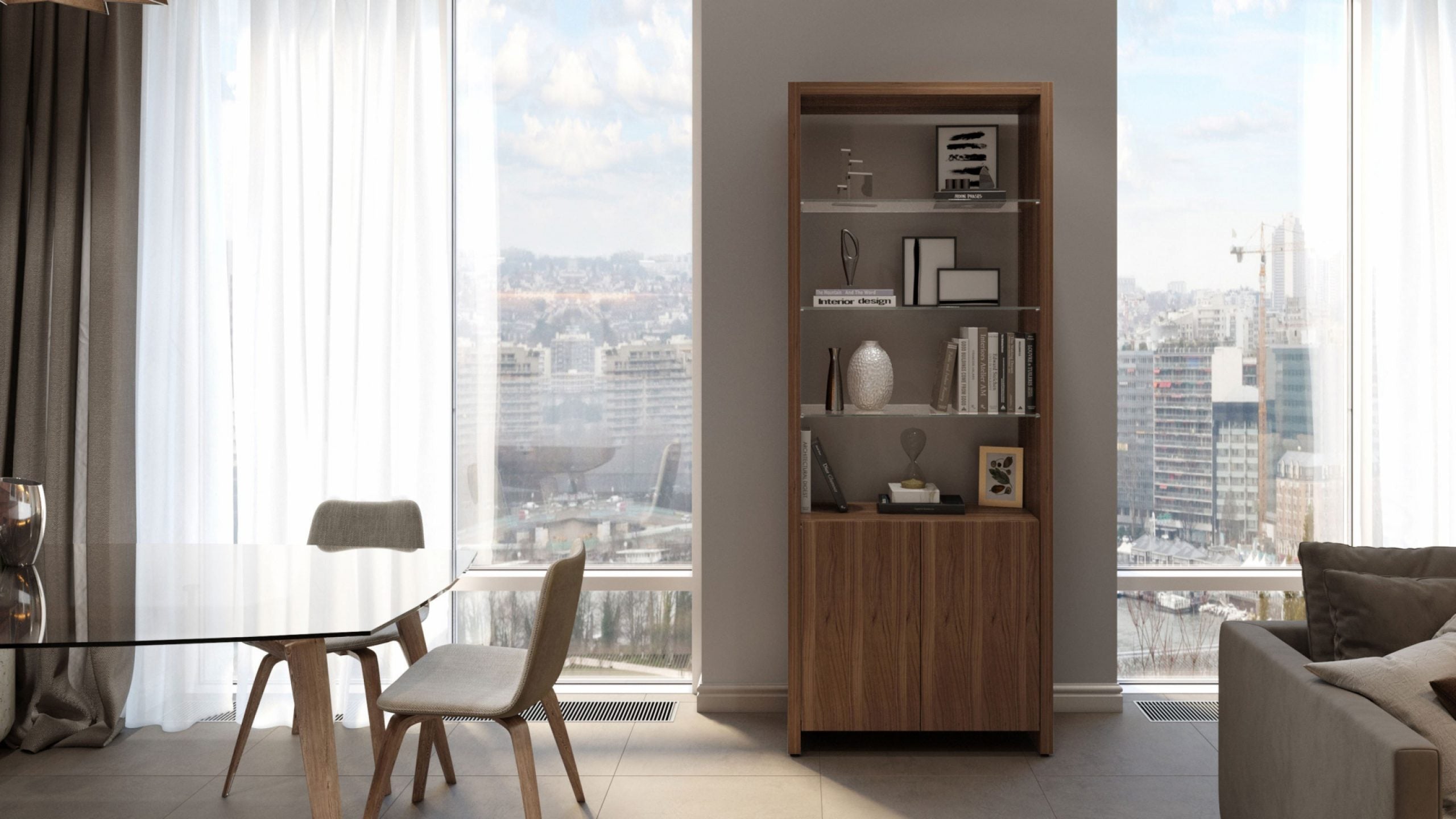 Bibliothèque extensible moderne BDI Linea 5802 avec étagères en verre